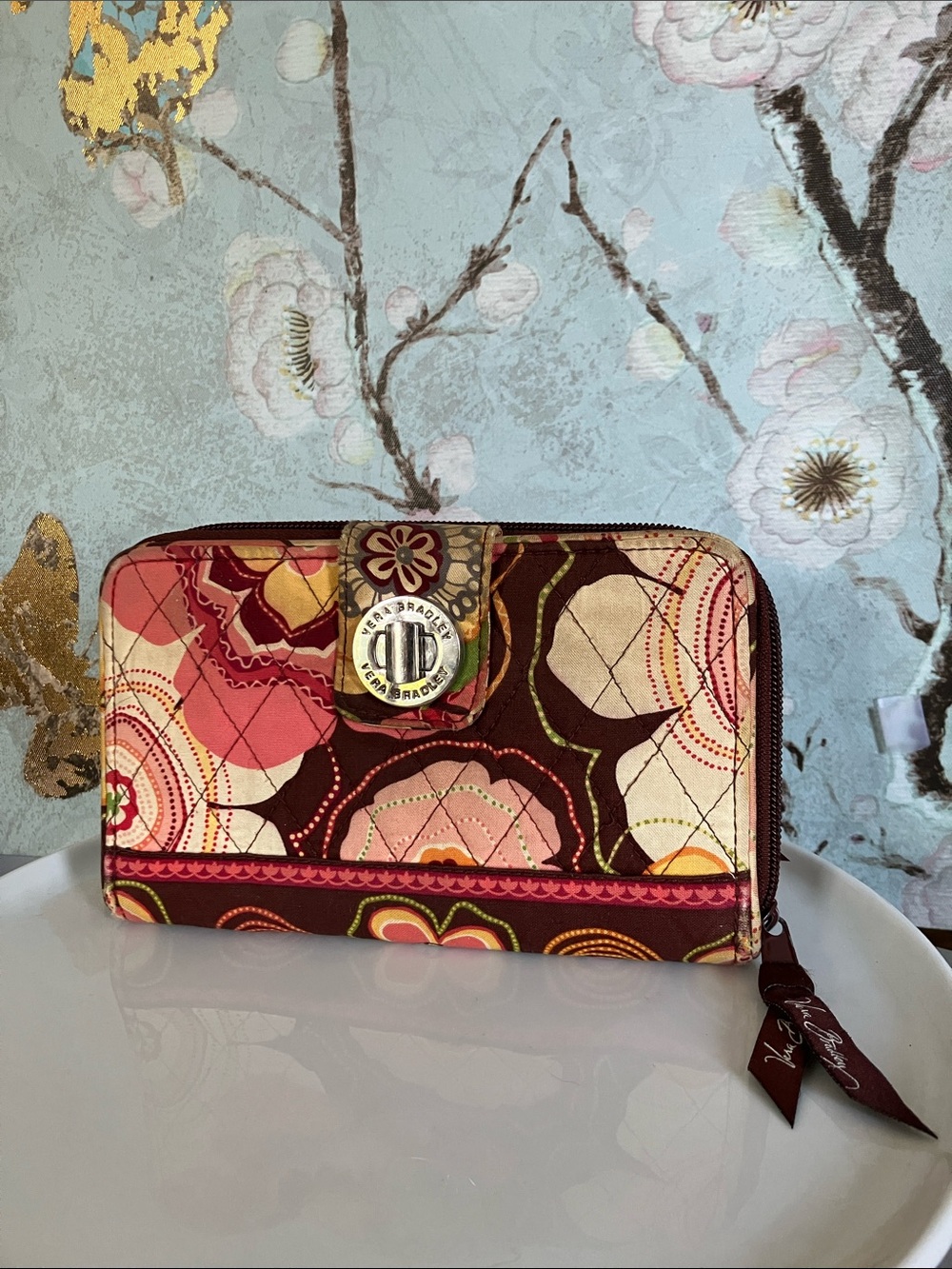 Vera Bradley Floral Quilted Zip-Around Wallet With Turn Lock - Fair Condition
